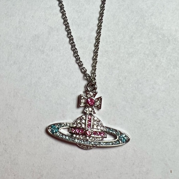 Vivienne Westwood Orb Necklace Pink & Aqua Crystal Pendant Silver Tone - Picture 2 of 6